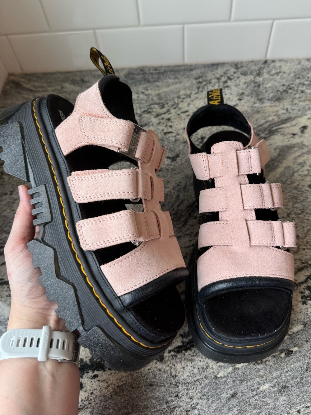 Dr. Martens Mattison 3 Strap Platform Sandals in Powder Pink suede. L 8. EUC.